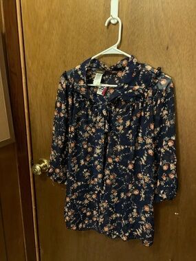 Lavish Navy Floral Tie-Neck Blouse with Pink & Cream Blossoms